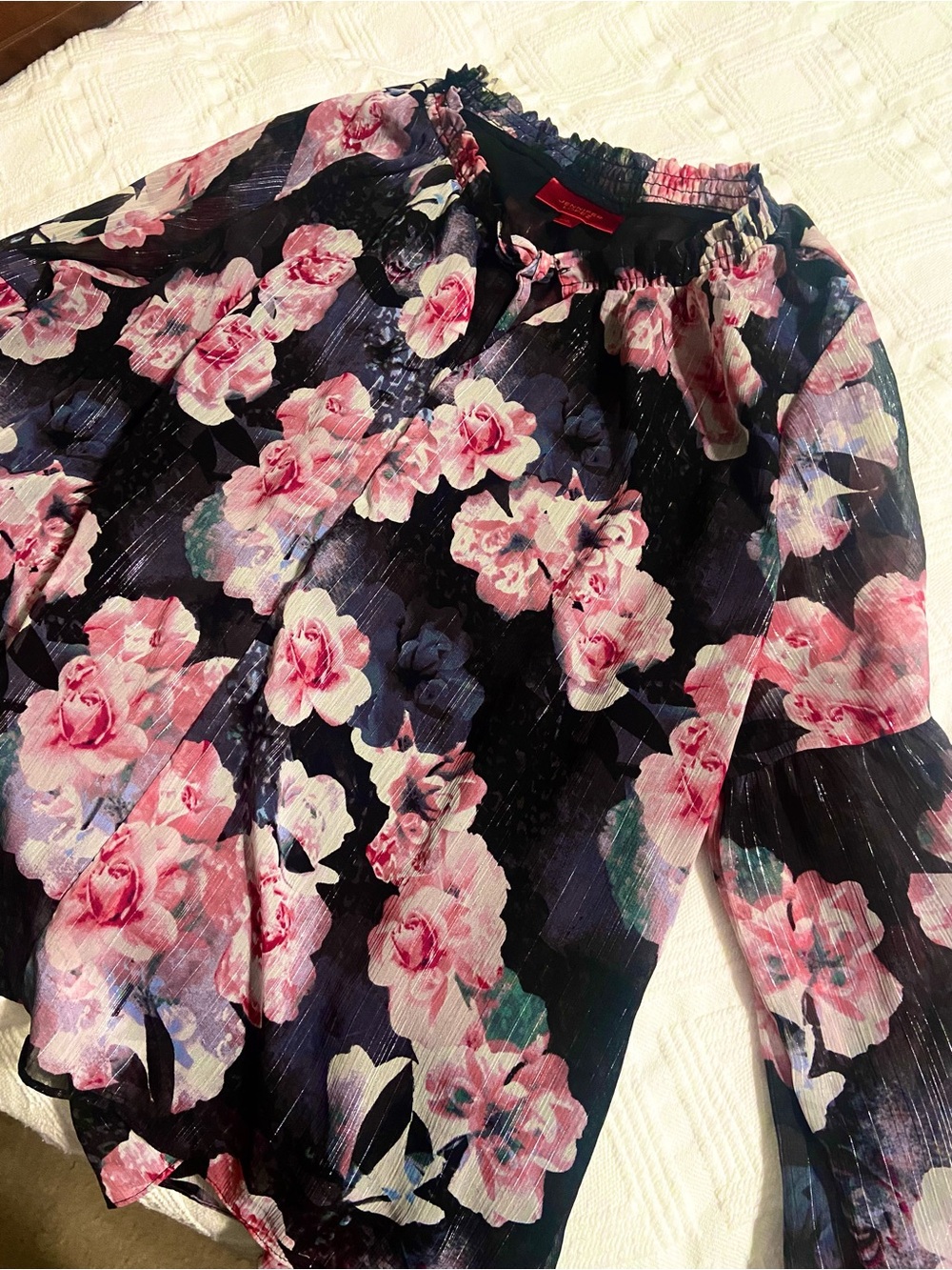 1ax Jennifer Lopez Floral Smocked Flare Sleeve Lined Blouse Top